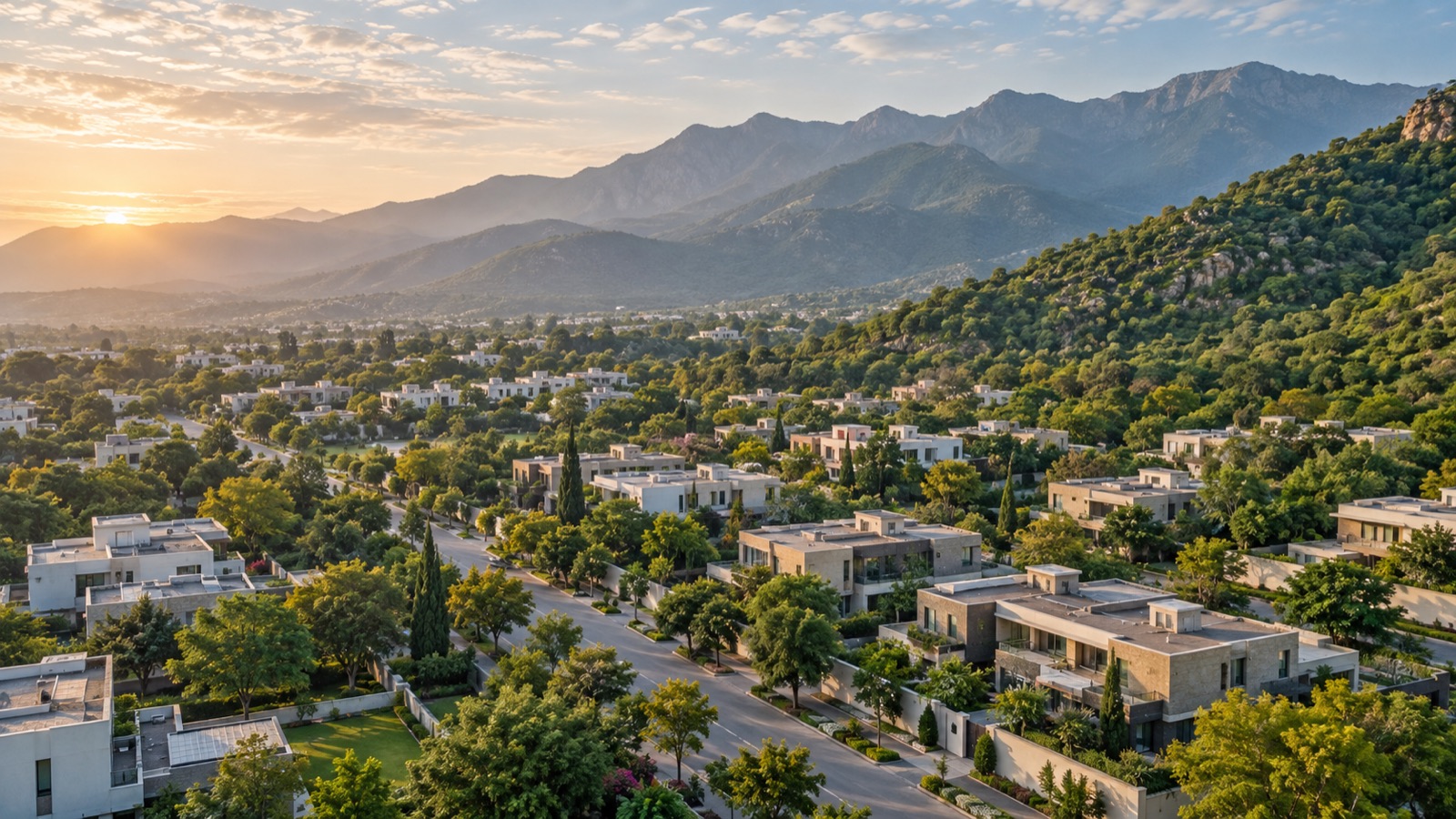 Illustrative vision of a green residential community near mountain foothills
